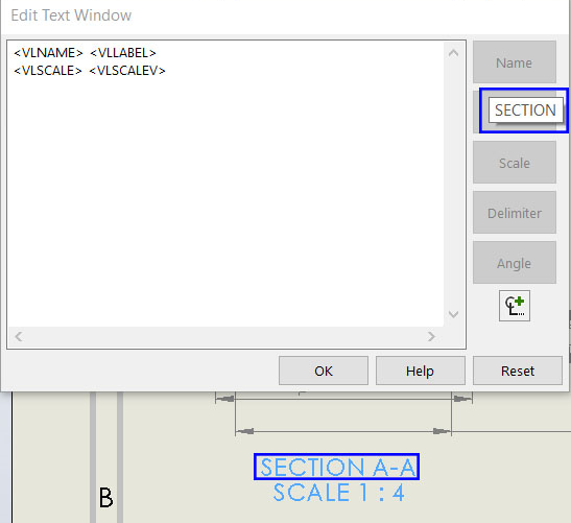نحوه تغییر تگ name برای section view در پنجره edit text window در محیط نقشه کشی solidworks 2020
